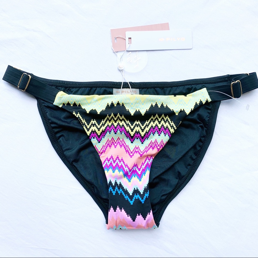 Pilyq Clara mix up full bikini bottom zigzag gold buckles adjustable ruched M
